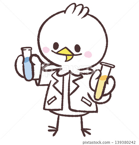 一幅插圖，畫的是一隻穿著白色外套的白鳥，嘴裡叼著試管。 139380242