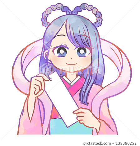 一幅漫畫風格的織姬插圖,她手持短冊(寫願望的紙條)。 一幅漫畫風格的織姬插圖,她手持短冊(寫願望的紙條)。 139380252