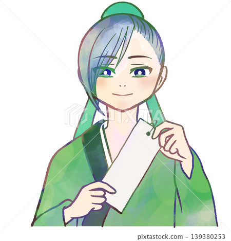 A cartoon-style illustration of Hikoboshi holding a tanzaku (paper strip for writing wishes). A cartoon-style illustration of Hikoboshi holding a tanzaku (paper strip for writing wishes). 139380253