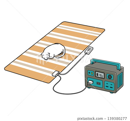 一隻白貓睡在連接便攜式電源的電熱毯上。 一隻白貓睡在連接便攜式電源的電熱毯上。 139380277