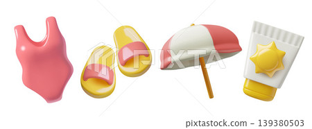 Summer beach 3d elements set. Red swimsuit, slippers, umbrella and sun protective cream Summer beach 3d elements set. Red swimsuit, slippers, umbrella and sun protective cream 139380503