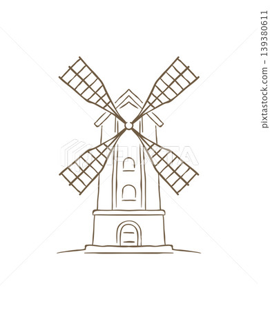 A Traditional Old Wooden Windmill On A Hill Hand Drawn Vector Sketch Illustration A Traditional Old Wooden Windmill On A Hill Hand Drawn Vector Sketch Illustration 139380611