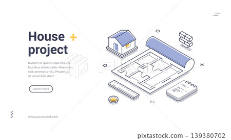 House Project And Architecture Design With Blueprint Plan Isometric Banner Vector Illustration House Project And Architecture Design With Blueprint Plan Isometric Banner Vector Illustration 139380702