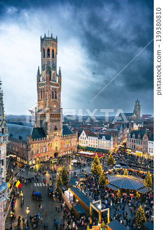 Christmas market decorated and illuminated in Bruges, Belgium. 139380810