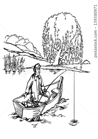 Vector drawing. Fisherman in the boat 139380971