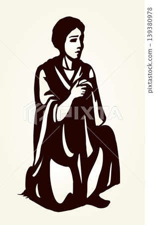 Vector drawing. Girl knilling in prayer 139380978