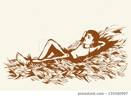 Vector drawing. A boy laying in a hay Vector drawing. A boy laying in a hay 139380997