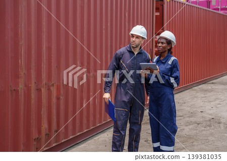 Professional industrial workers checking inventory on electronic device and clipboard for supply chain management at an Asian shipping terminal Professional industrial workers checking inventory on electronic device and clipboard for supply chain management at an Asian shipping terminal 139381035