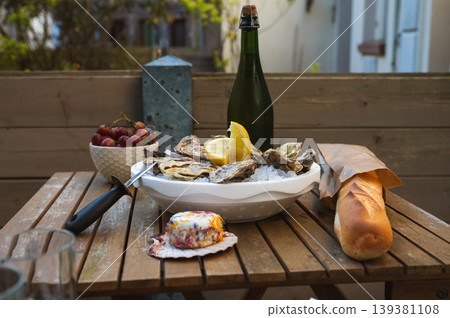 Fresh Raw Oysters with Citron, Baguette, Butter, and Cider Fresh Raw Oysters with Citron, Baguette, Butter, and Cider 139381108