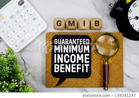 GMIB Guaranteed Minimum Income Benefit text with calculator, magnifying glass and alarm clock on marble background 139381237