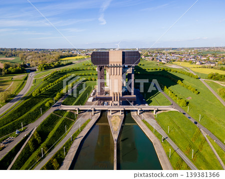 Aerial of canal embankments and green slopes near boat lift Aerial of canal embankments and green slopes near boat lift 139381366