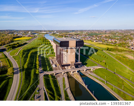 Aerial of elevated canal aqueduct crossing valley to boat lift 139381367