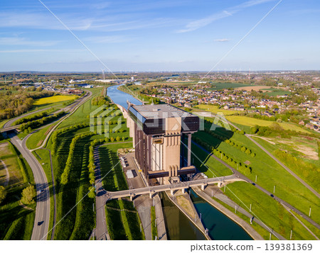 Drone view of boat lift upper basin and green rolling hills Drone view of boat lift upper basin and green rolling hills 139381369