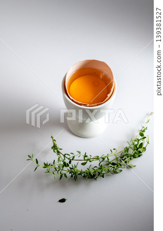 Organic Egg Opened in White Cup Organic Egg Opened in White Cup 139381527