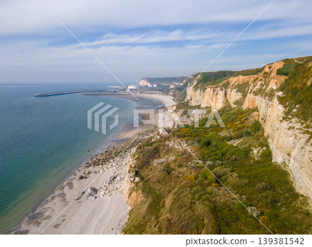 Aerial View of Saint Jouin Bruneval Beach with Waves and Cliffs Aerial View of Saint Jouin Bruneval Beach with Waves and Cliffs 139381542