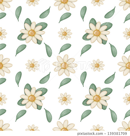 Seamless pattern of Daisy cartoon, transparent background. Hand drawn watercolor illustration. For menus, labels, paper, textiles and seasonal fabric. 139381709