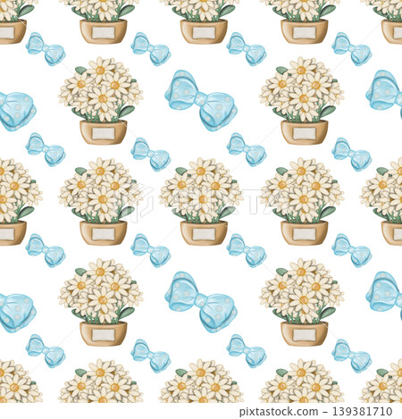 Seamless pattern of Daisy cartoon, transparent background. Hand drawn watercolor illustration. For menus, labels, paper, textiles and seasonal fabric. 139381710