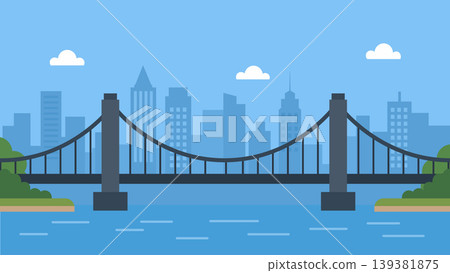 Modern suspension bridge over river with city skyline background in flat vector style. 139381875
