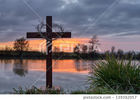Cross With Crown of Thorns Gray drawn Sky 139382057