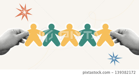 Trendy Halftone Collage of two halftone hands holding a chain of paper people, symbolizing community connection and unity, ideal for teamwork, social, and corporate culture content. 139382172