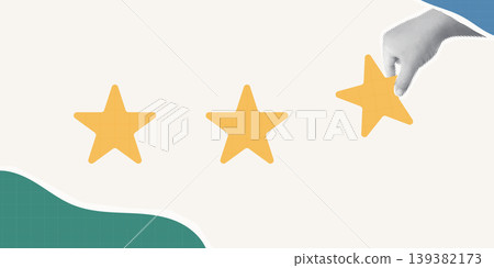 Trendy Halftone Collage of a halftone hand placing a gold star in a three-star rating, symbolizing customer review and satisfaction, ideal for service, retail, and feedback content. 139382173