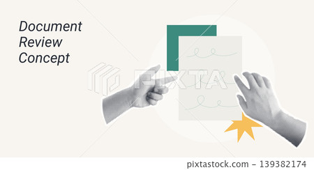 Trendy Halftone Collage of two halftone hands reviewing stacked documents with a star burst, symbolizing document review and approval, ideal for business and legal content. 139382174
