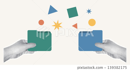 Trendy Halftone Collage of two halftone hands holding folders exchanging geometric shapes, symbolizing seamless data exchange and file transfer, ideal for technology and business content. 139382175