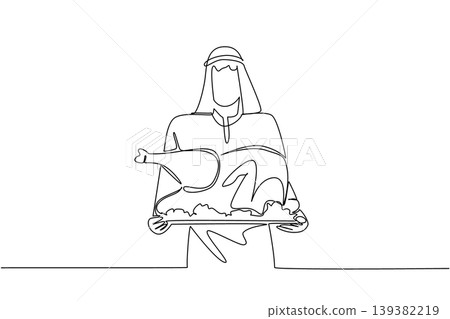 One line drawing displays a handsome Arabian man holding a large roasted turkey on big plate. This delicious food concept perfectly matches National Turkey Lovers Day restaurant ads and food menus. One line drawing displays a handsome Arabian man holding a large roasted turkey on big plate. This delicious food concept perfectly matches National Turkey Lovers Day restaurant ads and food menus. 139382219