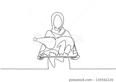 Minimalist continuous line drawing of an Arabian woman in hijab holding a giant cooked turkey. This culinary food concept is completely perfect for National Turkey Lovers Day social media campaigns. Minimalist continuous line drawing of an Arabian woman in hijab holding a giant cooked turkey. This culinary food concept is completely perfect for National Turkey Lovers Day social media campaigns. 139382220