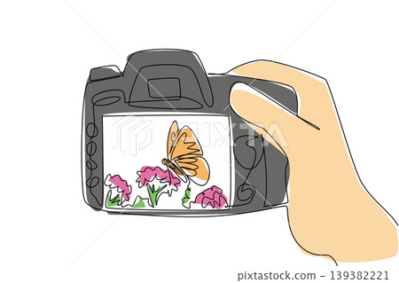 Beautiful single line drawing of a hand holding a digital camera displaying a butterfly on flowers in garden. This photography concept is perfect for Nature Photography Day posters and banners. 139382221