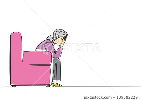 Tinted single line drawing of unhappy sad elderly woman resting on armchair covering her face with hands. Social isolation concept perfectly suits World Elder Abuse Awareness Day printed poster Tinted single line drawing of unhappy sad elderly woman resting on armchair covering her face with hands. Social isolation concept perfectly suits World Elder Abuse Awareness Day printed poster 139382229