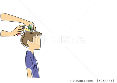 Painted single line drawing of a mother checking her young boy for head lice. This healthcare hygiene concept is perfectly suitable for National Bug Busting Day posters and medical brochures. Painted single line drawing of a mother checking her young boy for head lice. This healthcare hygiene concept is perfectly suitable for National Bug Busting Day posters and medical brochures. 139382231