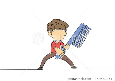 Playful one line drawing displays a courageous young boy holding a giant comb in a fighting stance for a pest action concept. It is superb for a National Bug Busting Day greeting card. Playful one line drawing displays a courageous young boy holding a giant comb in a fighting stance for a pest action concept. It is superb for a National Bug Busting Day greeting card. 139382234