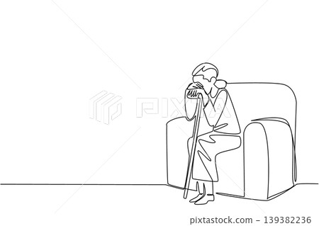 Minimalist one line drawing of a depressed elderly woman sitting on sofa with stick. Isolation concept makes a powerful statement for World Elder Abuse Awareness Day awareness posters and print media Minimalist one line drawing of a depressed elderly woman sitting on sofa with stick. Isolation concept makes a powerful statement for World Elder Abuse Awareness Day awareness posters and print media 139382236