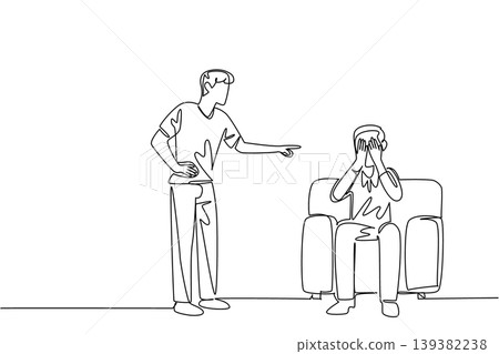 Continuous line drawing of angry man shouting at depressed senior sitting on sofa. This family problem concept represents an excellent choice for World Elder Abuse Awareness Day seminar presentations Continuous line drawing of angry man shouting at depressed senior sitting on sofa. This family problem concept represents an excellent choice for World Elder Abuse Awareness Day seminar presentations 139382238