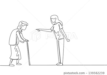 One line drawing of furious young woman scolding an old woman who is standing with stick. This violence awareness concept is perfectly suited for World Elder Abuse Awareness Day community newsletters 139382239