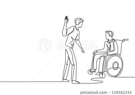 Simple continuous line drawing shows an angry young man about to hit face of old man sitting in wheelchair. This abuse concept fits brilliantly with World Elder Abuse Awareness Day community blogs. 139382241