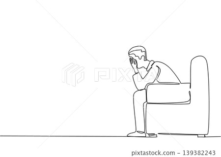 One line drawing of sad lonely senior man sitting in an armchair holding and covering his face with hands. Depression awareness concept works wonderfully for World Elder Abuse Awareness Day magazines. One line drawing of sad lonely senior man sitting in an armchair holding and covering his face with hands. Depression awareness concept works wonderfully for World Elder Abuse Awareness Day magazines. 139382243
