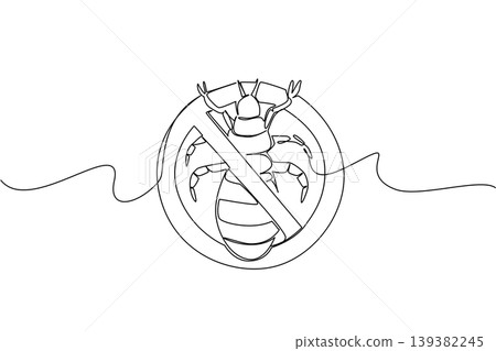 Continuous line drawing displays a lice bug louse inside a prohibition sign representing a health concept. The black outline illustration is perfect for a National Bug Busting Day flyer. 139382245