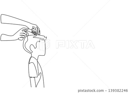 Single line drawing portrays hands applying spray and combing a young boy hair to represent a daily hygiene concept. It is excellently tailored for a National Bug Busting Day banner. Single line drawing portrays hands applying spray and combing a young boy hair to represent a daily hygiene concept. It is excellently tailored for a National Bug Busting Day banner. 139382246