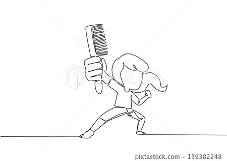 Beautiful continuous line drawing features a brave young girl holding a giant comb in a fighting stance for a defense concept. It perfectly fits a National Bug Busting Day coloring page. Beautiful continuous line drawing features a brave young girl holding a giant comb in a fighting stance for a defense concept. It perfectly fits a National Bug Busting Day coloring page. 139382248