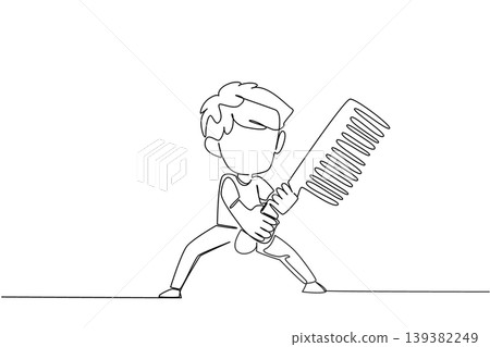 Awesome single line drawing displays a courageous young boy holding a giant comb in a fighting stance representing a pest action concept. It suits a National Bug Busting Day worksheet. 139382249