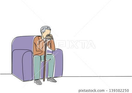 Continuous line draw of sad elderly man sitting alone on sofa while holding wooden stick. Abuse awareness concept perfectly suits World Elder Abuse Awareness Day poster and charity fundraising banner 139382250