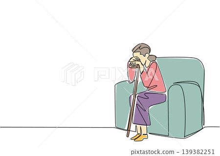 Painted single line drawing of an unhappy elderly woman resting on a sofa with her wooden cane. Social problem concept is a wonderful choice for World Elder Abuse Awareness Day social media posts. Painted single line drawing of an unhappy elderly woman resting on a sofa with her wooden cane. Social problem concept is a wonderful choice for World Elder Abuse Awareness Day social media posts. 139382251