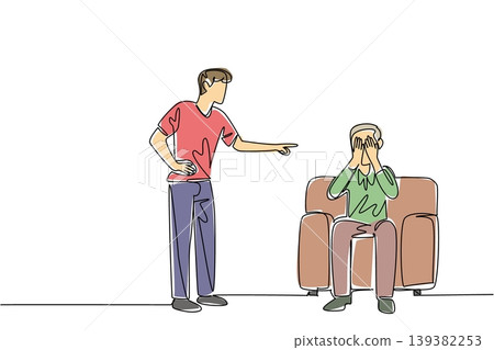 Continuous line drawing of an angry young man pointing and shouting at sad older man who sitting on couch. Abuse concept perfectly matches World Elder Abuse Awareness Day flyer and community banner Continuous line drawing of an angry young man pointing and shouting at sad older man who sitting on couch. Abuse concept perfectly matches World Elder Abuse Awareness Day flyer and community banner 139382253