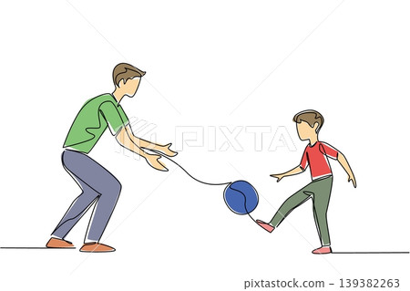Single line drawing displays a father and his son playing and kicking a ball for a sports concept. This beautiful graphic illustration perfectly suits a National Play Catch Week poster. Single line drawing displays a father and his son playing and kicking a ball for a sports concept. This beautiful graphic illustration perfectly suits a National Play Catch Week poster. 139382263