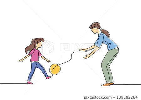 Unique one line drawing displays a mother and her daughter kicking a ball in soccer field to represent a family concept. It is perfectly tailored for a lovely National Play Catch Week brochure cover. Unique one line drawing displays a mother and her daughter kicking a ball in soccer field to represent a family concept. It is perfectly tailored for a lovely National Play Catch Week brochure cover. 139382264