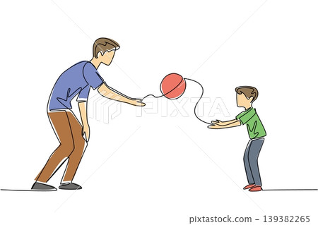 Continuous line drawing displays a father and son throwing a ball representing a fun activity together concept. This artwork is beautifully designed for a National Play Catch Week banner layout. Continuous line drawing displays a father and son throwing a ball representing a fun activity together concept. This artwork is beautifully designed for a National Play Catch Week banner layout. 139382265