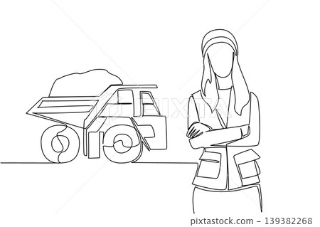 Single line drawing features a woman engineer standing with a dump truck to show a business concept. This illustration is beautifully crafted for an International Women in Mining Day card. Single line drawing features a woman engineer standing with a dump truck to show a business concept. This illustration is beautifully crafted for an International Women in Mining Day card. 139382268