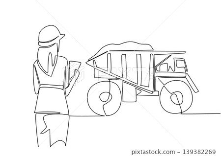 Continuous line drawing portrays a woman worker holding a clipboard next to a dump truck for a business concept, back view. It is perfectly made for an International Women in Mining Day web banner. 139382269